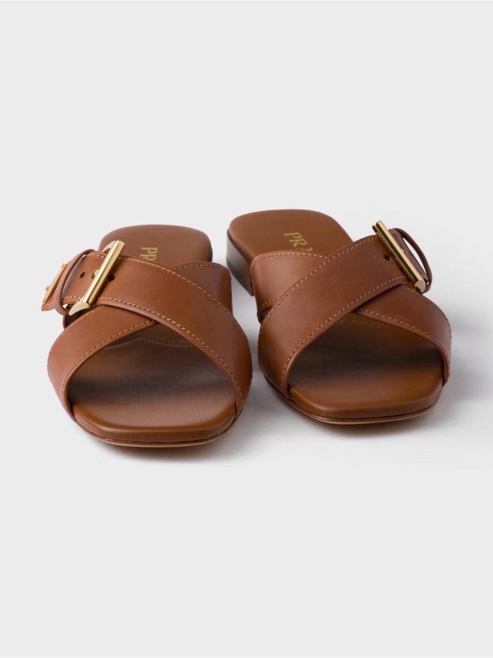 Prada Crisscross Leather Slide Sandals Brown Gold Logo Buckle 37.5 NWT - Picture 3 of 13